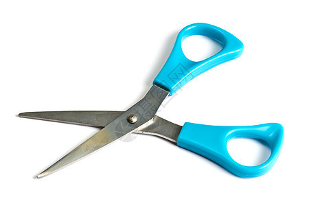 蓝色剪刀 白上隔离的蓝剪刀办公室工具剪子塑料金属插条白色刀具补给品裁缝图片