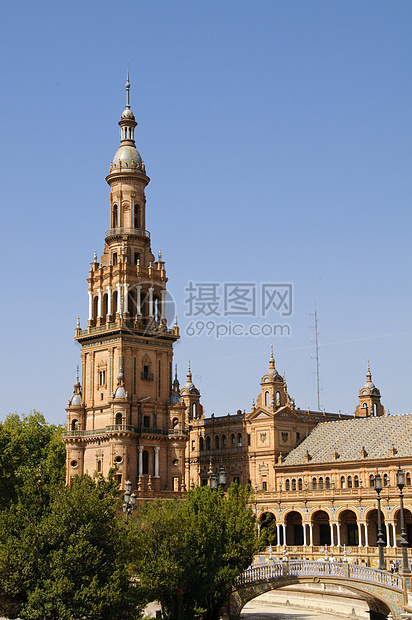 西班牙塞维利亚埃斯潘广场建筑纪念碑蓝色柱廊建筑学城市窗户吸引力棕色红色图片