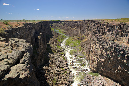 河经峡谷爬坡天空蓝色流动森林溪流石头岩石绿色图片