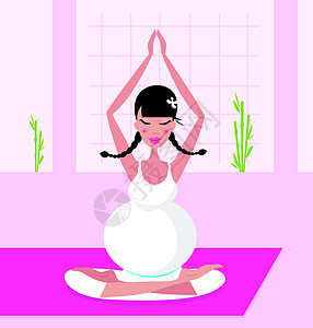 孕妇坐在粉红色瑜伽上练习莲花和马萨那图片