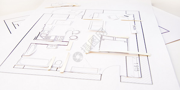 内部设计公寓  最高视图 纸张模型设计师维修草稿房间技术建筑师铅笔商业测量承包商图片