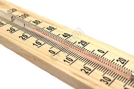 白色背景的木制温度计天气木头红色数字工具仪表宏观管子温度玻璃图片