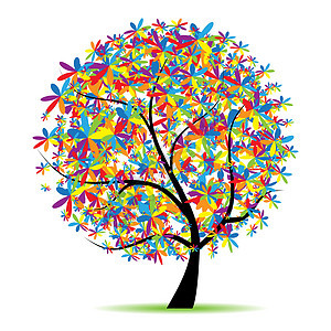 设计上美美的艺术树蓝色树干彩虹乐趣漩涡叶子森林绘画花瓣圆圈图片