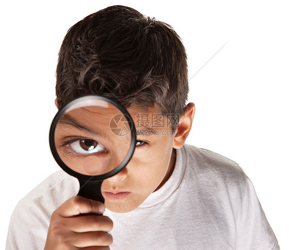 透过放大镜看一看眼球学校学生侦探孩子探测测试实验室男性男人图片