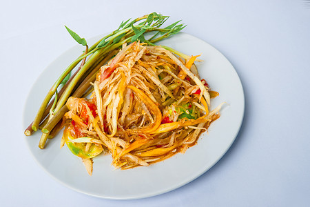 辣辣木薯沙拉沙拉细绳香料美食蔬菜花生食物草本植物盘子木瓜图片