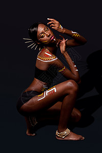 非洲 跳舞有化妆品的部落美女白色红色情调女士文化眼睛黑色肩膀舞蹈黄色背景