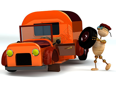 3个木工换橙色卡车轮胎图片