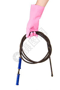 穿粉色手套的女性手 在排水沟里留了个蓄水器电缆工程师管道扳手绳索工作工具衣服工人职业图片