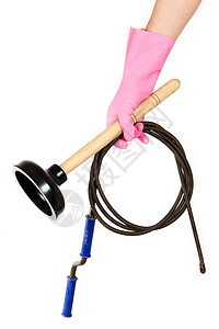 穿粉色手套的女用手 保持了排气和蓄水器修理柱塞缆绳电缆生活衬衫厨房工匠工程师工作图片