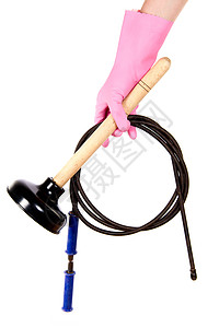 穿粉色手套的女用手 保持了排气和蓄水器生活柱塞衬衫工匠厨房橡皮牛仔布缆绳工具工作服图片