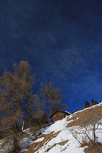 瑞士冬天的Chalet滑雪板小屋小木屋雪堆滑雪森林木头晴天天空假日图片