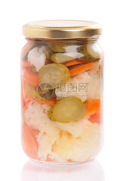 Pickels 罐玻璃小吃白色罐装香料食物营养红色菜花黄瓜图片