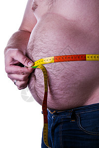 拿着测量磁带的胖子饮食肥胖男人白色腰围牛仔裤减肥男性暴饮暴食疾病图片
