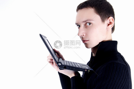 带膝上型电脑的男子男人商业电子产品生意人办公室技术信息学白色广告商务图片
