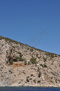 卡利姆诺斯岛土地海岸海岸线风景白色海浪悬崖支撑蓝色植被图片