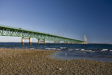 密歇根州Mackinaw市大桥波浪半岛交通天空海峡卡车城市蓝色电缆汽车图片