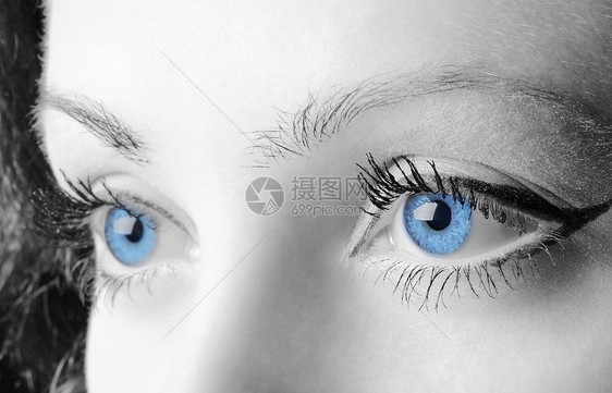 女性蓝眼睛反射鸢尾花治疗皮肤角膜睫毛膏化妆品视网膜镜片宏观图片