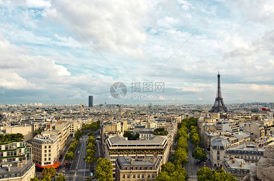 巴黎空中观察天空街道景观蓝色树木天线地平线旅行城市绿色图片