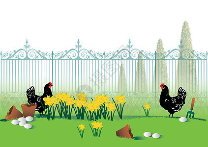 法语花园黑色季节性艺术白色插图绿色母鸡背景图片
