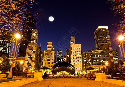 芝加哥市中心的千年公园月亮商业景观场景天空戏剧性公园全景叶子生活图片