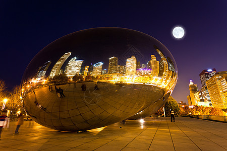 芝加哥市中心的千年公园公园腹地城市戏剧性风景摩天大楼反射太阳月亮办公室图片