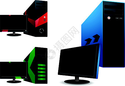 计算机和 lcd 监视器  矢量说明电子产品展示屏幕技术黑色工作站产品蓝色桌面插图图片