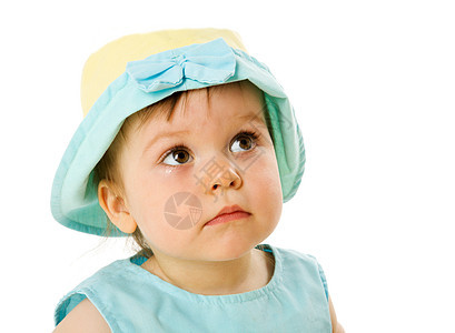 女婴沉思头发童年白色帽子儿童惊喜婴儿孩子好奇心图片