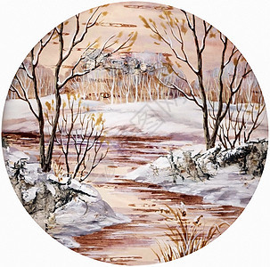冬季西伯利亚地貌艺术手工生态树木空地桦木寒冷雪堆绘画手工业图片