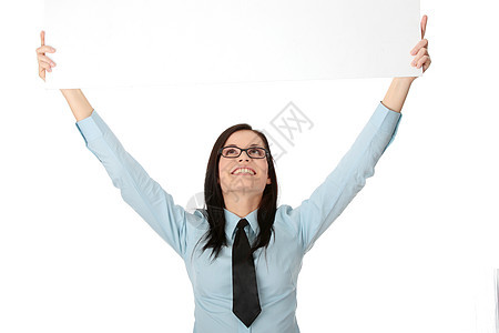 一个漂亮的商业女商务人士 拿着空白的牌子广告牌床单快乐营销展示推介会女士黑发海报广告图片