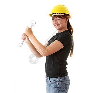 青年妇女建筑工职业头盔男人建筑女士帽子建设者商业牛仔裤工作图片