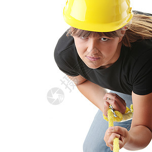 青年妇女建筑工腰带工作机器商业头盔工人木匠工具安全维修图片