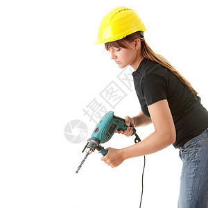 配备钻井机的年轻女性建筑工工具钻头钻孔头盔安全帽子男人商业腰带建设者图片