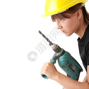 配备钻井机的年轻女性建筑工腰带女孩男人帽子机器职业钻头女士安全工作图片