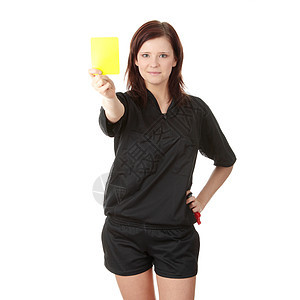 年轻女性裁判员黑色足球女士裁判卡片成套黄色运动员犯规白色图片