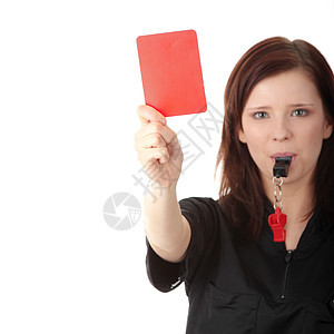 年轻女性裁判员卡片裁判警告女士黑色红色白色纪律惩罚足球图片