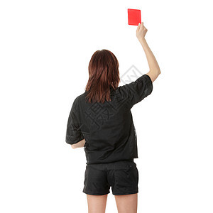 年轻女性裁判员白色警告纪律卡片红色解雇女士成套运动员运动图片