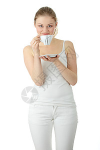 喝咖啡的布朗德女人饮料女性活力闲暇女孩休息享受顾客金发杯子图片