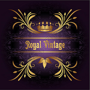 具有王冠的古老框架横幅标签贵族文化插图徽章叶子纹章紫色金子图片