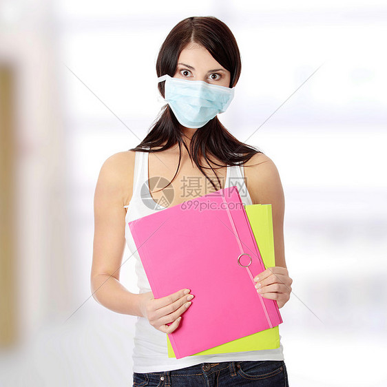 戴面罩的女学生保健女士学生流感安全青年学习面具卫生疾病图片