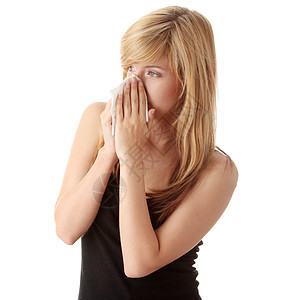 年轻的金发年轻女子感冒鼻子女性手帕保健发烧症状眼睛悲伤喷嚏过敏图片