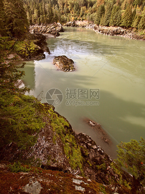 不列颠哥伦比亚省Skeena河场景灌木丛松树森林树叶丘陵风景树木旅行岩石图片