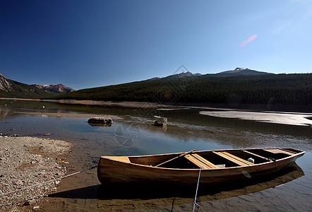 贾斯珀国家公园的医药湖反射场景山脉水平丘陵风景树木岩石图片