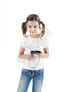 听音乐儿童童年乐趣音乐播放器快乐闲暇享受手机女孩技术图片