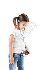 听音乐地面音乐播放器孩子乐趣女孩快乐微笑娱乐儿童白色图片