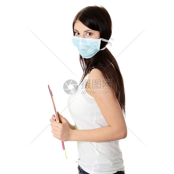 戴面罩的女学生青少年女孩疾病女士面具学生药品大学流感感染图片