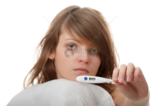 床上的年青生病女孩流感说谎药品考试病人卫生保健诊断青年卧室图片