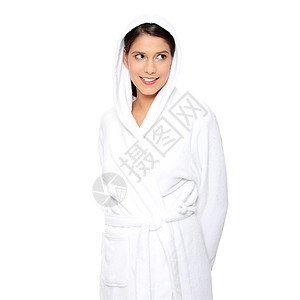 穿浴袍的年轻美丽的快乐少女浴衣卫生女性洗澡牙齿女孩身体护理毛巾温泉图片