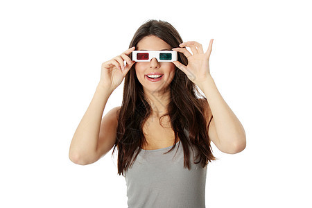 戴3D眼镜的妇女女性娱乐女士乐趣电视电影惊喜视频技术微笑图片