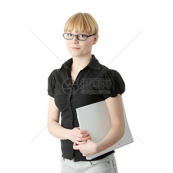 青年商业妇女或学生女性女孩顾客记事本秘书公司企业家白色身体金发图片