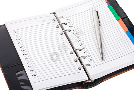 打开笔记本和笔写作组织办公室日记喷泉螺旋白色空白灰色墨水图片